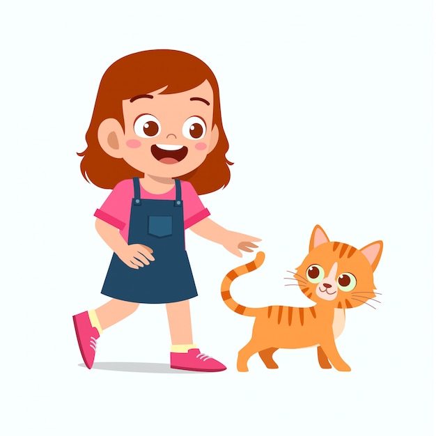 Heureux Mignon Petite Fille Enfant Jouer Avec Un Chat Vecteur Premium