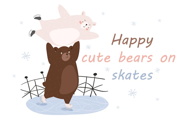 Heureux Ours Mignons Sur Fond De Concept De Patins