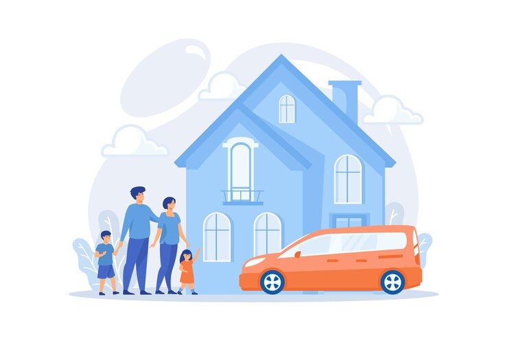 Vecteur heureux parents avec enfants et maison individuelle. maison individuelle unifamiliale, maison familiale,