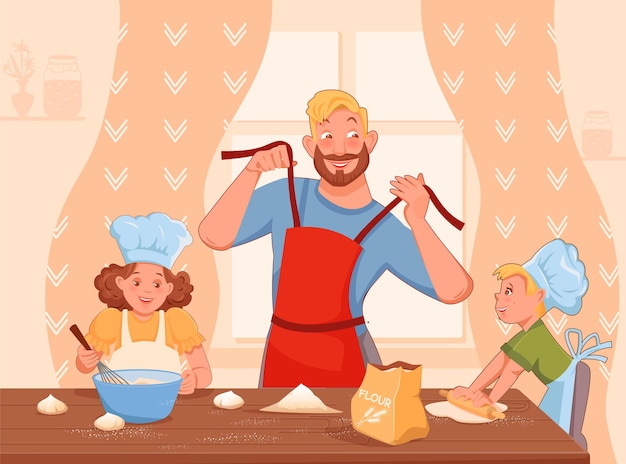 Vecteur heureux père de famille et deux enfants cuisiner des aliments ensemble style de dessin animé de vecteur de grande table