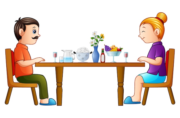 Heureux Père Et Mère De Dessin Animé, Manger Sur La Table à Manger