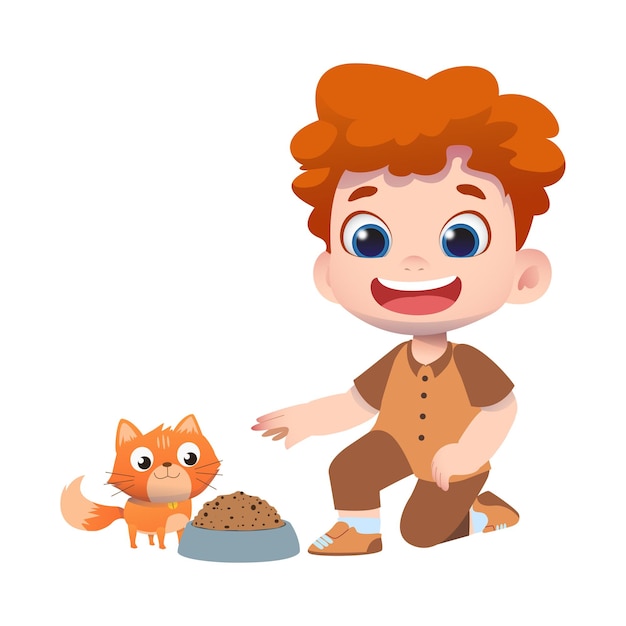 Heureux Personnage Enfant Mignon Jouer Avec Un Chat