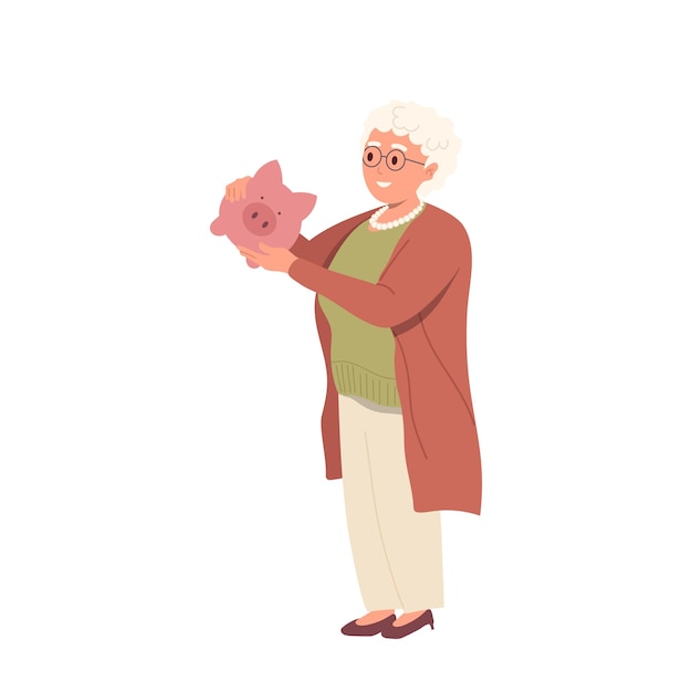 Vecteur heureux personnage de femme âgée à la retraite tenant tirelire debout isolé sur fond blanc