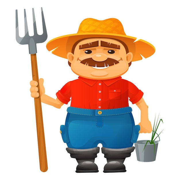 Vecteur heureux personnage fermier souriant tient une fourche et un seau
