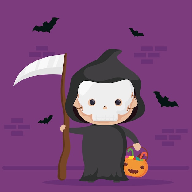 Heureux Personnage De Mort Mignon Halloween Et Chauves-souris Volant