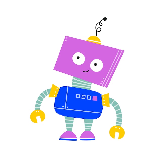 Heureux personnage de robot enfantin drôle de bande dessinée. Robot enfants colorés avec un visage pensif. Illustration vectorielle plane isolée sur fond blanc.