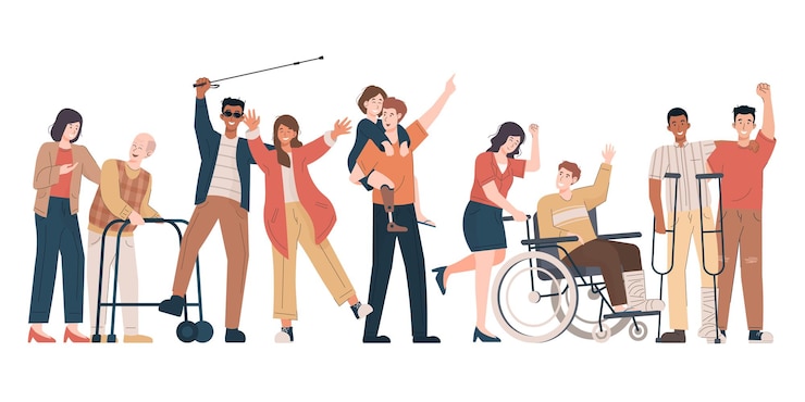 Vecteur heureux les personnes handicapées avec leurs amis et leur famille