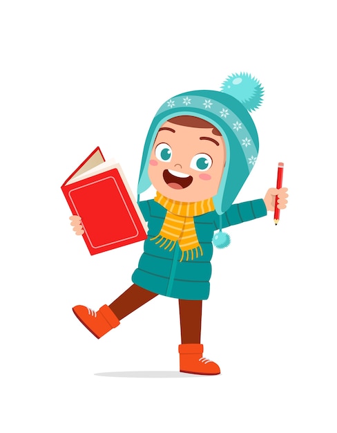 Heureux petit enfant mignon étudie et porte une veste en hiver