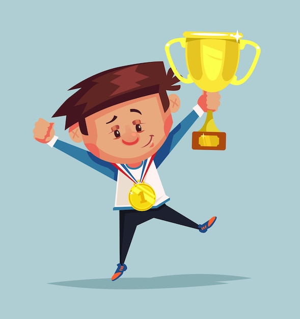 Heureux petit gagnant de garçon souriant tient la coupe d'or. illustration de dessin animé plat