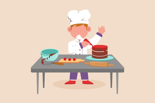 Heureux Petit Garçon Chef Portant L'uniforme De Chef Et Faisant Un Gâteau D'anniversaire Sur La Table Concept De Cuisine Illustration Vectorielle