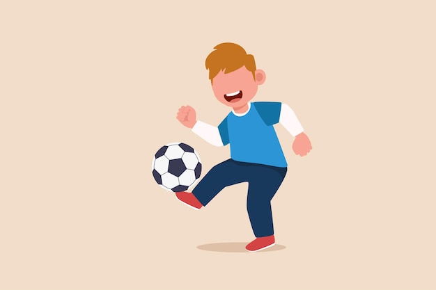 Heureux petit garçon jongle avec un ballon de football Concept d'activité de jeu Illustrations vectorielles plates isolées