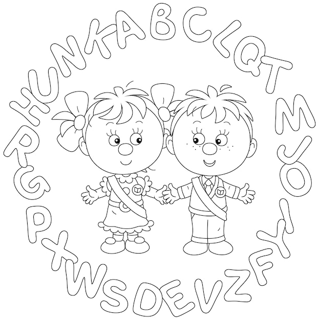 Vecteur heureux petit garçon et petite fille diplômés de la maternelle avec des lettres colorées de l'alphabet du livre abc