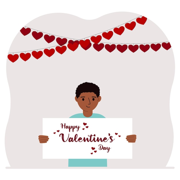 Vecteur heureux petit garçon tenant une affiche avec texte happy valentine's day et coeurs rouges love concept happy valentine's day papier peint affiche carte postale ou félicitation