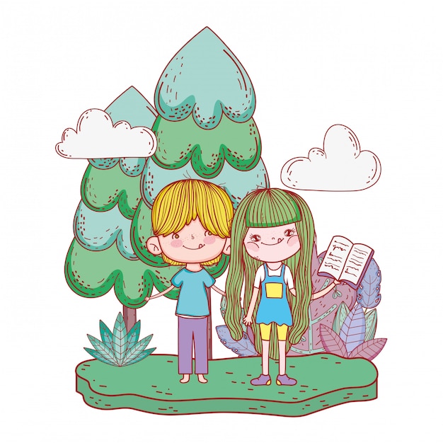 Heureux petits enfants lisant des livres dans le paysage