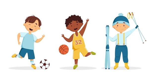 Vecteur heureux petits garçons faisant différents jeux de vecteurs sportifs les enfants jouent au football, au basket-ball et au ski activités pour enfants