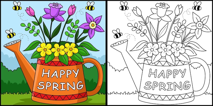 Vecteur heureux, printemps, fleur, coloration, page, illustration