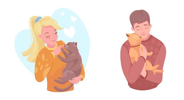 Heureux Propriétaires D'animaux Avec Chiot Et Chaton, Illustration Vectorielle. Fille Et Garçon Caresser Le Chien, Chat. Soins Aux Animaux Domestiques, Amour.