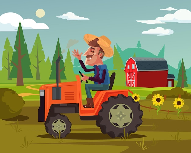 Heureux Souriant Agriculteur Conduire Voiture Tracteur Et Récolter Des Légumes Champ De Fruits
