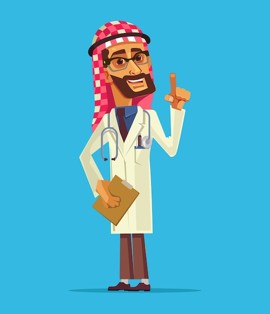Heureux Souriant Caractère Homme Médecin Arabe. Illustration De Dessin Animé