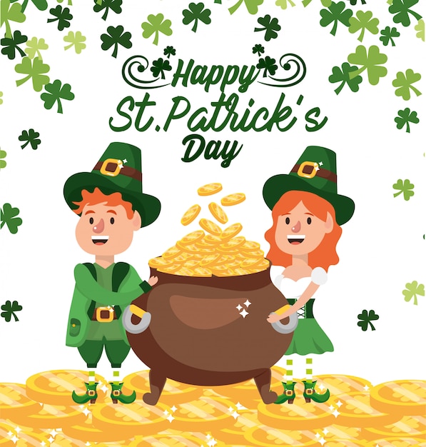 Heureux St Patrick Homme Et Femme Avec Des Pièces D'or à L'intérieur Du Chaudron