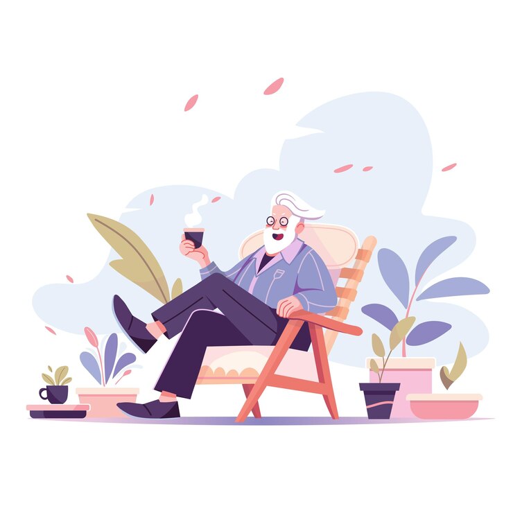 Heureux vieil homme actif avec une barbe blanche assis sur une chaise et buvant du café