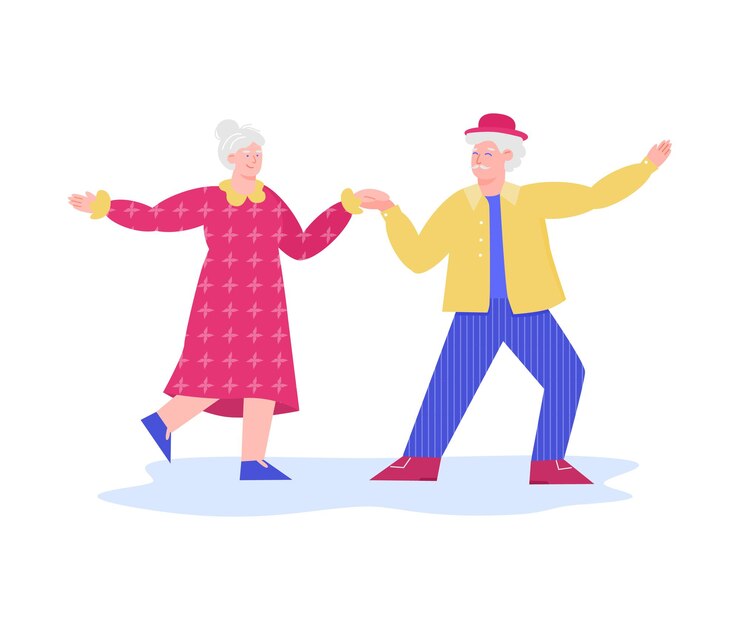 Vecteur heureux vieux couple dansant ensemble - dessin animé homme senior et femme en vêtements colorés