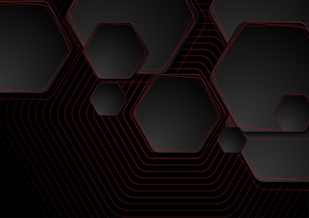 Hexagones noirs avec des lignes rouges fond géométrique abstrait