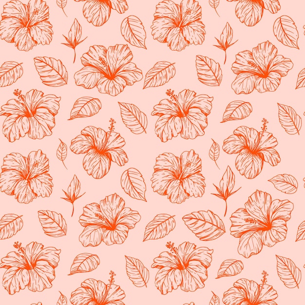 Vecteur hibiscus fleurs tropicales coutures motif croquis illustration style de gravure