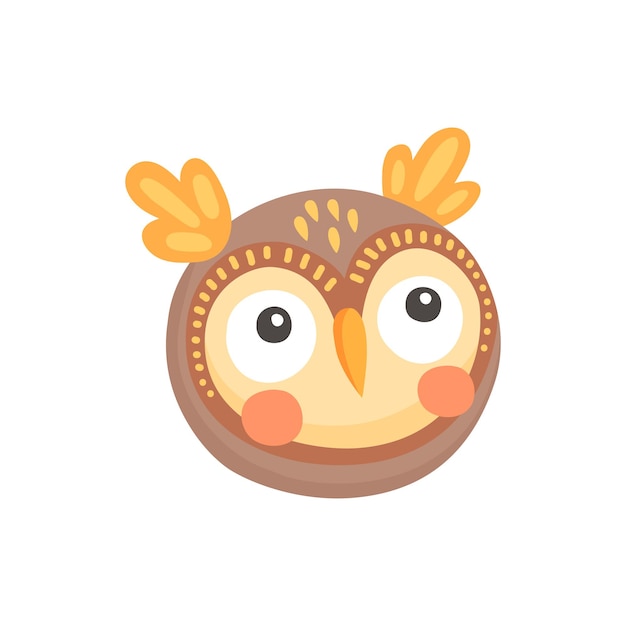 Hibou ou chouette visage dessin animé mignon oiseau de proie avec des plumes colorées et de grands yeux drôles Vecteur heureux aigle de grange ou hibou à longues oreilles enfants bande dessinée emoji émoticône ou conception d'avatar enfants jouet masque facial