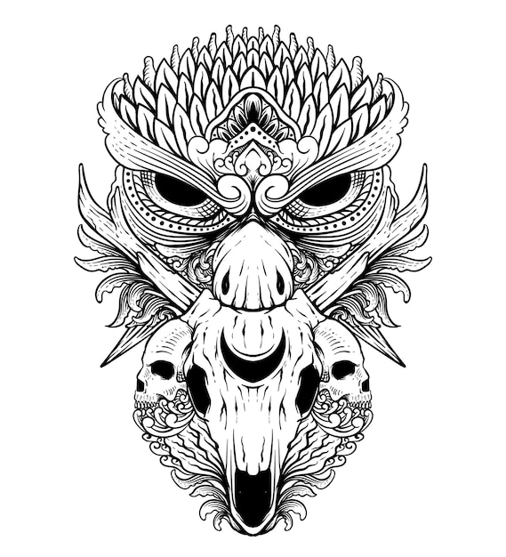 Vecteur hibou de conception de tatouage avec le style de gravure noir et blanc d'art de ligne de cerf de crâne