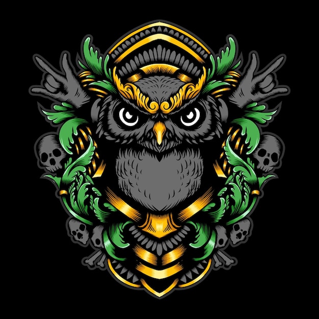 Hibou avec illustration vectorielle d'ornement et de crâne