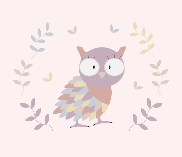 Hibou joli dessin animé mignon avec des plumes colorées Illustration vectorielle pastel pour impression de bébé