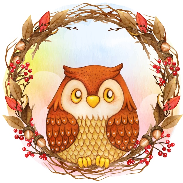 Hibou Mignon Aquarelle Sur Une Couronne De Brindilles D'hiver Dans Un Fond Arc-en-ciel