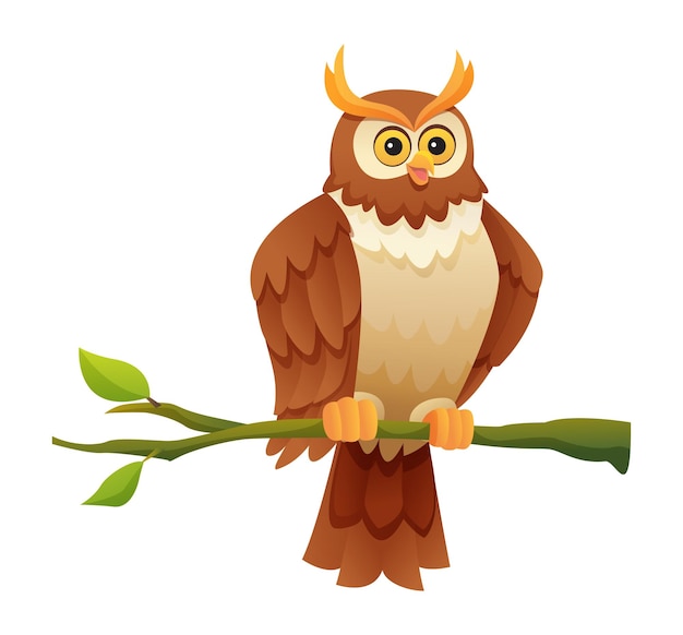 Hibou Mignon Assis Sur L'illustration De Dessin Animé De Branche Isolé Sur Fond Blanc