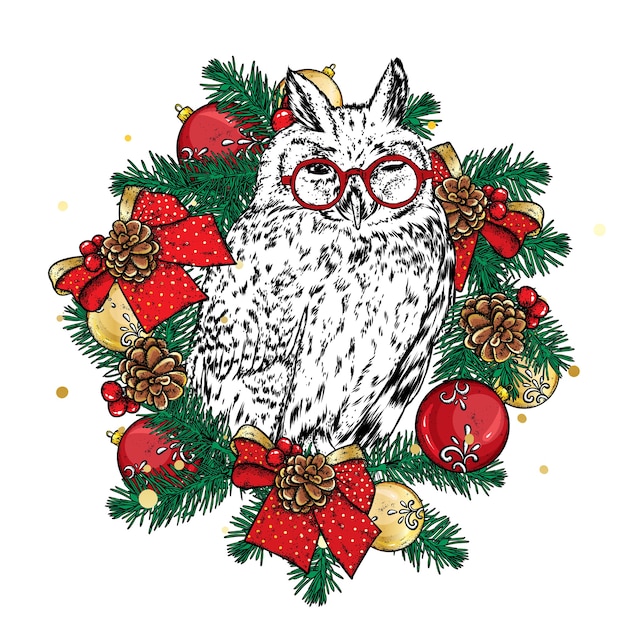 Hibou Mignon Dans Une Couronne De Noël.