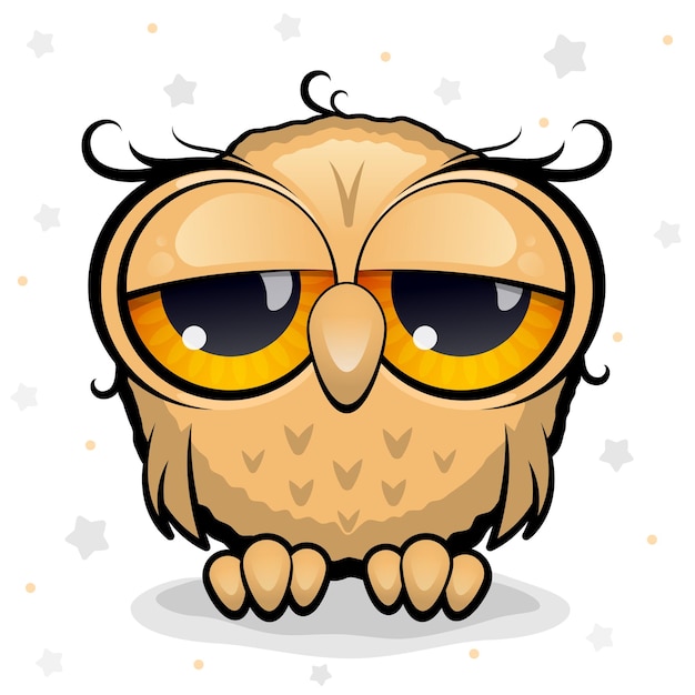 Le Hibou Mignon Avec De Grands Yeux Est Fatigué Ou S'endort Fond Blanc Avec Des étoiles Style De Dessin Animé