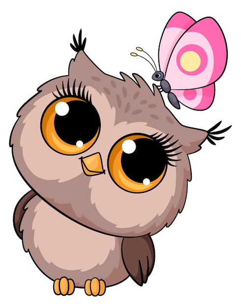 Hibou Mignon Jouant Avec Le Personnage D'oiseau De Dessin Animé De Papillon