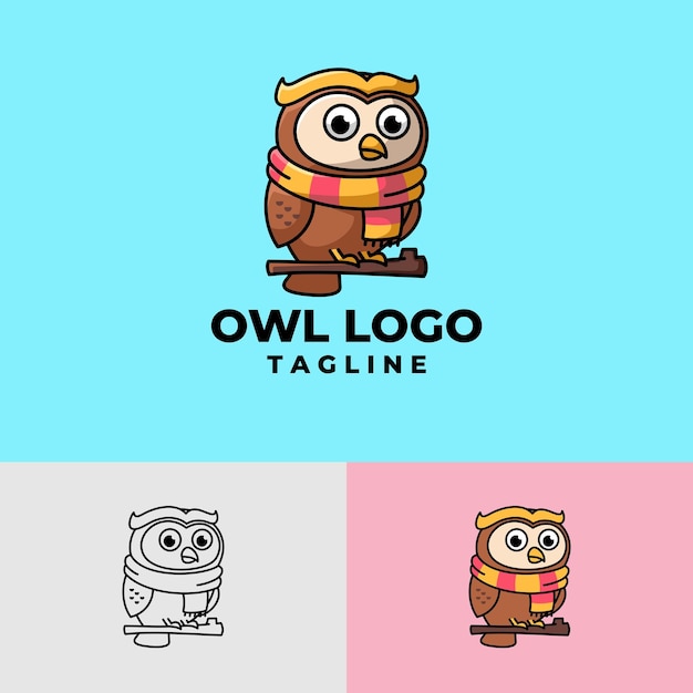 Hibou Mignon Avec Logo Mascotte écharpe Haut De Gamme. Style De Dessin Animé Plat.