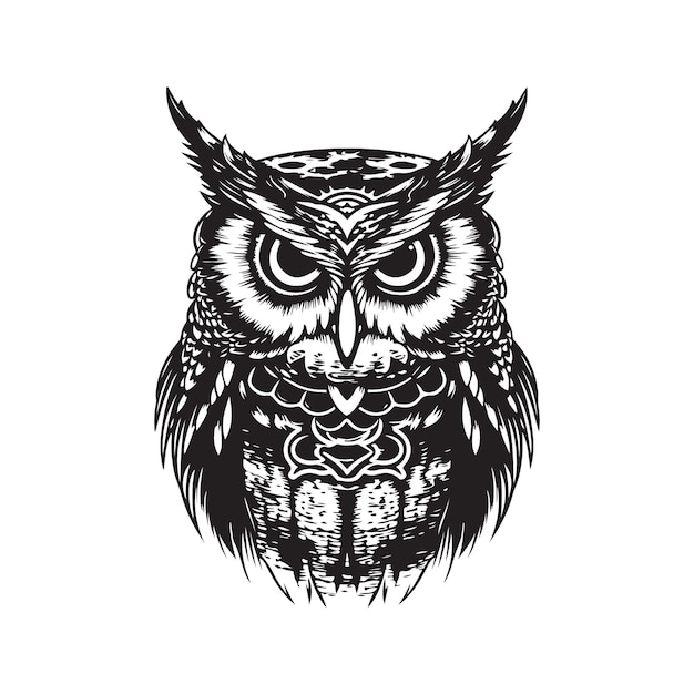 Hibou portant le concept de logo d'accessoires de chef indien illustration dessinée à la main de couleur noir et blanc