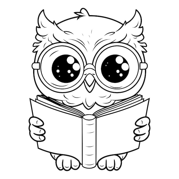 Vecteur un hibou qui lit un livre illustration vectorielle en noir et blanc pour le livre à colorier