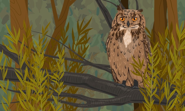 Vecteur le hibou s'assoit sur une branche d'arbre dans une forêt d'été verte dense oiseau prédateur vector réaliste