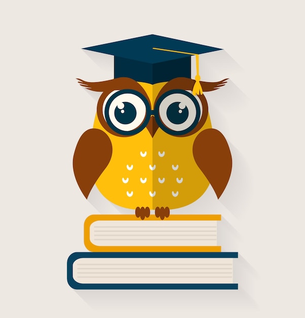 Vecteur hibou sage avec des livres et une casquette de diplômé