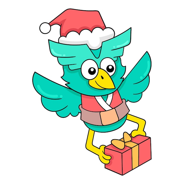 Vecteur hibou volant le soir de noël distribuant des cadeaux doodle icône image kawaii