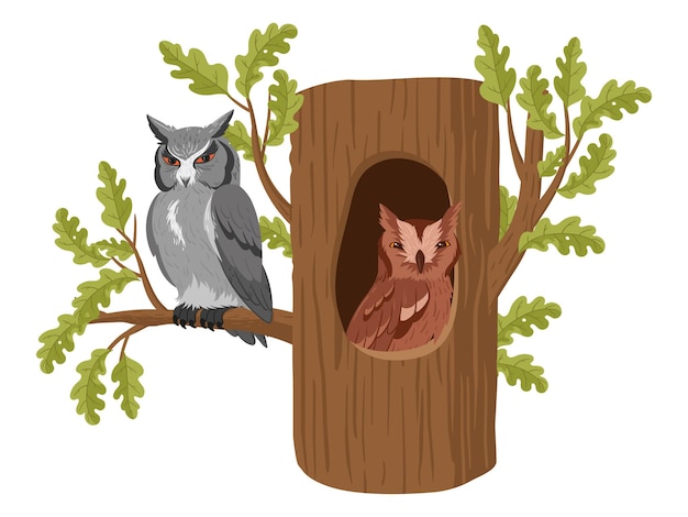 Hiboux dans l'arbre creux Oiseaux de hibou de forêt sauvage de dessin animé assis dans les bois maison oiseaux de la faune nids de chêne illustration vectorielle plane sur fond blanc