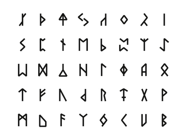 Hiéroglyphes runiques Ancien alphabet celtique nordique avec des runes sculptées Anciennes lettres d'écriture sacrée scandinave Signes de la culture futhark germanique Collection vectorielle