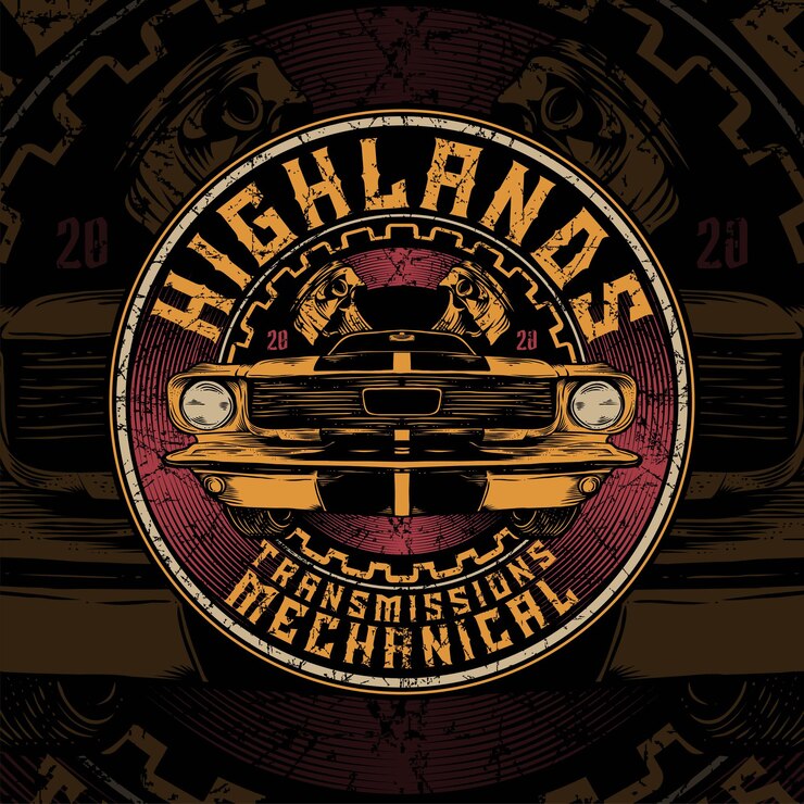 Highland mécanique de voiture vintage avec cercle et fond de piston
