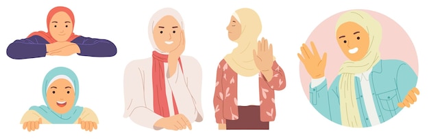 Vecteur hijab femme fille coup d'oeil heureux pose pas curieux salut bonjour salutation sourire activité clipart illustration vectorielle
