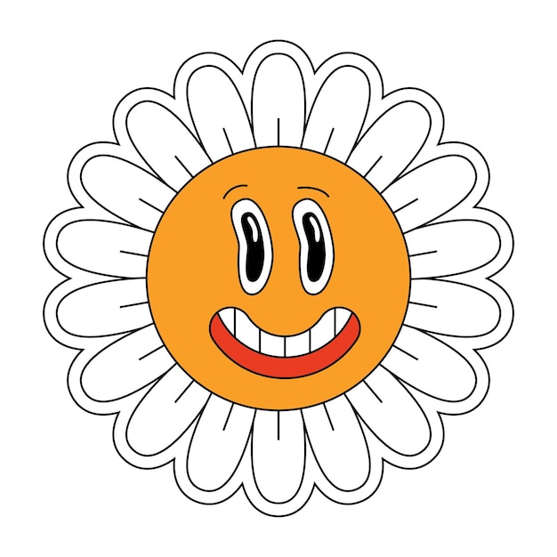 Hippie Camomille Smiley Personnage Funky Design Rétro Marguerite Mascotte Tête De Fleur Et Visage De Positivité