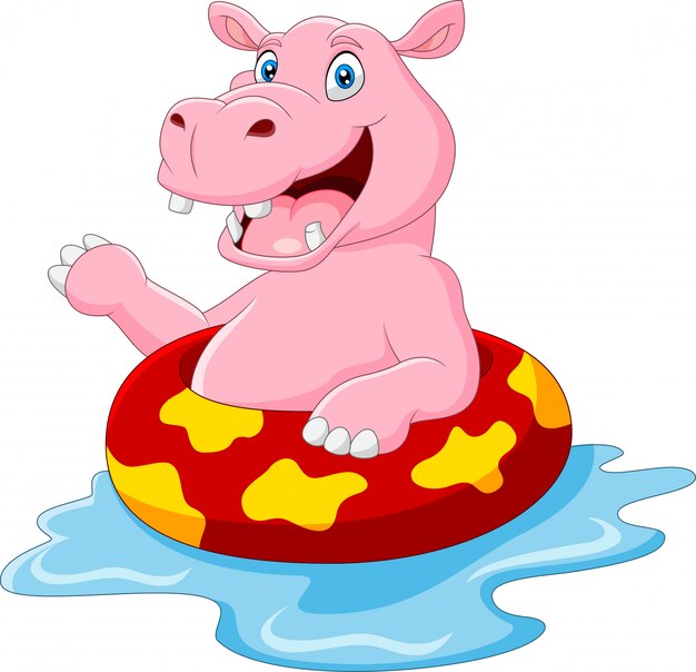 Hippo Heureux Flottant Sur Un Anneau Gonflable