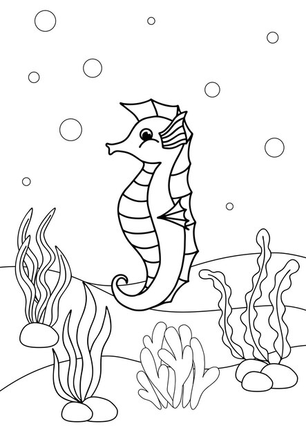 Hippocampe de dessin animé mignon Livre de coloriage ou page pour les enfants Vie marine